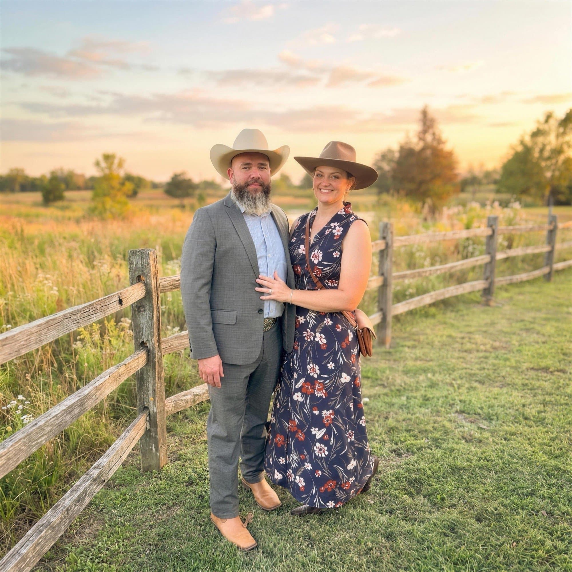 Joe and Tori Bell at golden hour by the pasture fence