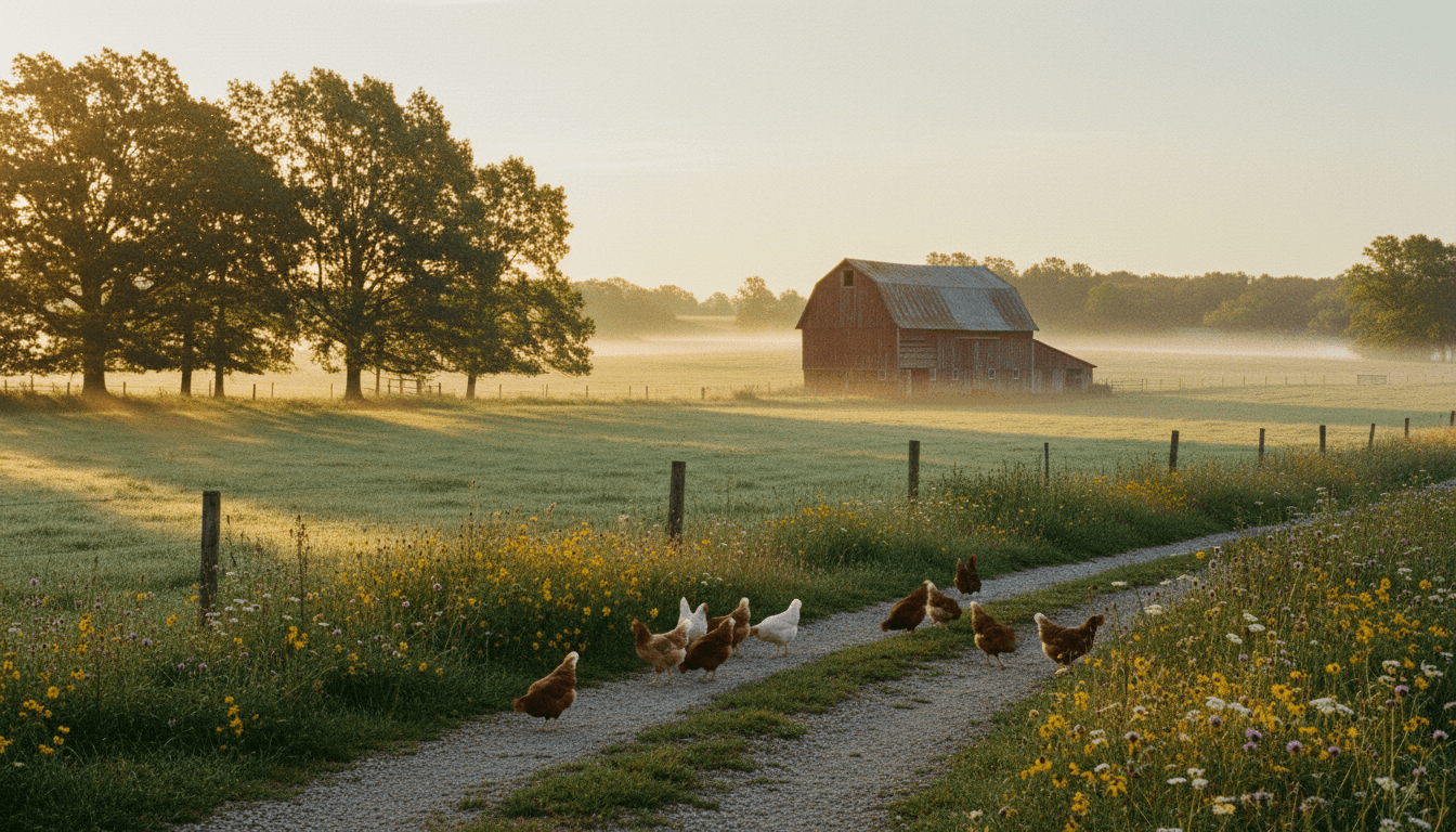 Angry Dog Farms at golden hour — green pastures, a red barn, and golden sunlight