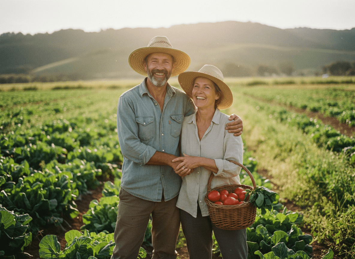 The farmers of Angry Dog Farms standing in their field at golden hour