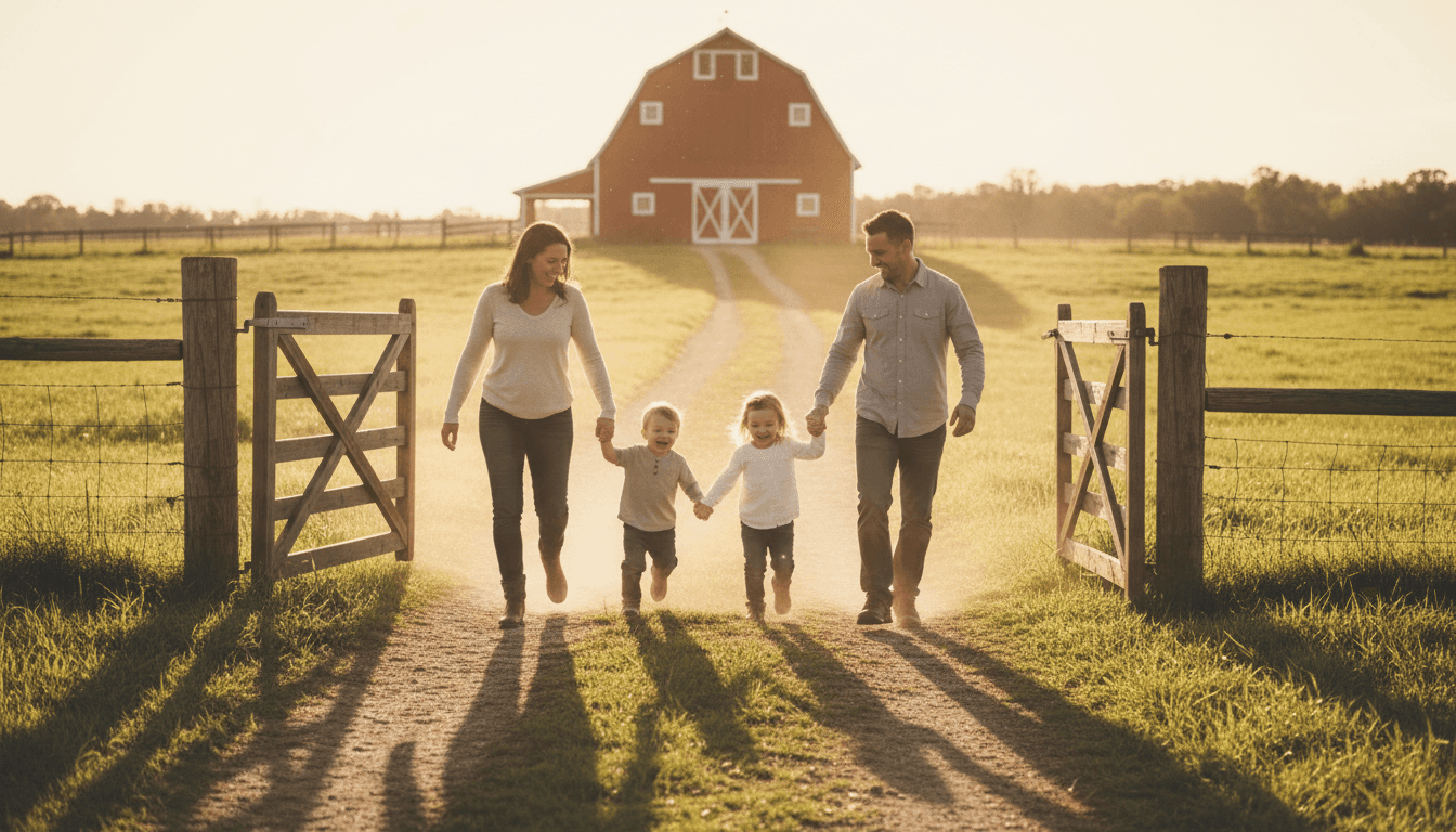 The farm at golden hour — open pastures, oak shade, and the gate standing open