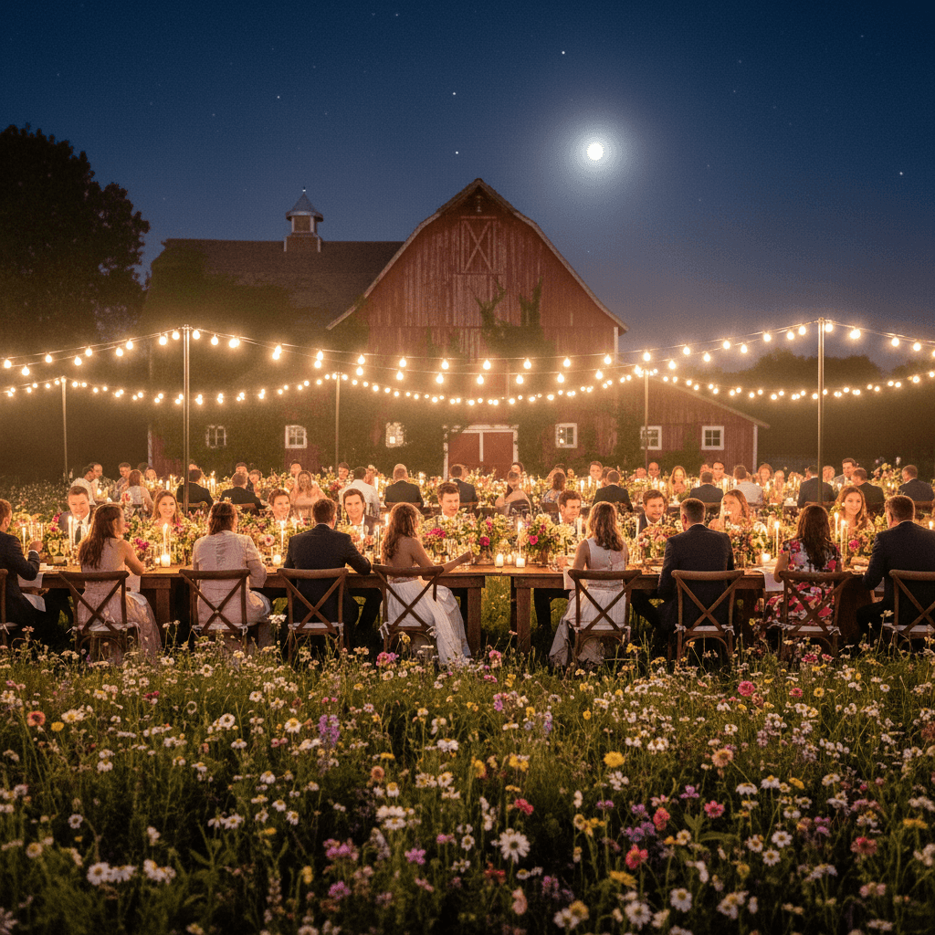 String lights over a long farm-dinner table at golden hour